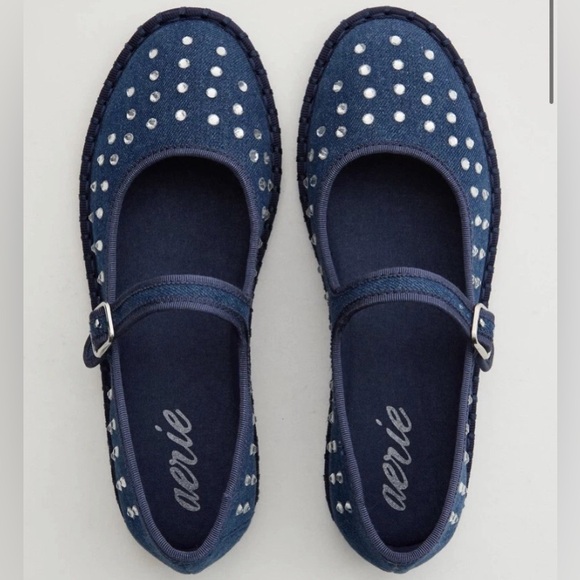 aerie Shoes - Aerie Blue Mary Jane Flats with Silver Accents